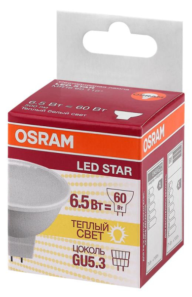 Лампа светодиодная LED Star MR16 60110 6.5W/830 230V GU5.3 6.5Вт матовая 3000К тепл. бел. GU5.3 MR16 500лм 220-240В пластик. (замена 60Вт) OSRAM 4058075480551
