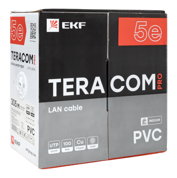 Кабель витая пара U/UTP кат.5E 4 пары 24 AWG solid PVC сер. TERACOM PRO PRO EKF TRP-5EUTP-04PVC-GY-IN3