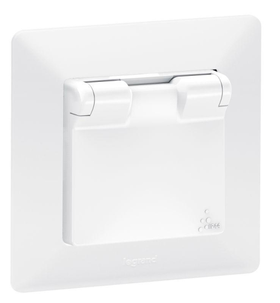 Механизм розетки 1-м СП Valena Life 16А IP44 250В 2К+З защ. шторки откидная крышка бел. Leg 753119
