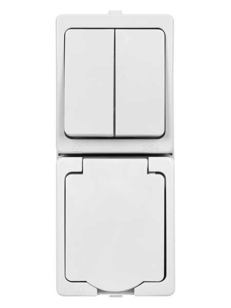 Блок (вертикальный) выключатель 2-кл. + розетка 2П+З с з/ш БКВР IP54 белый "Вуокса" TDM