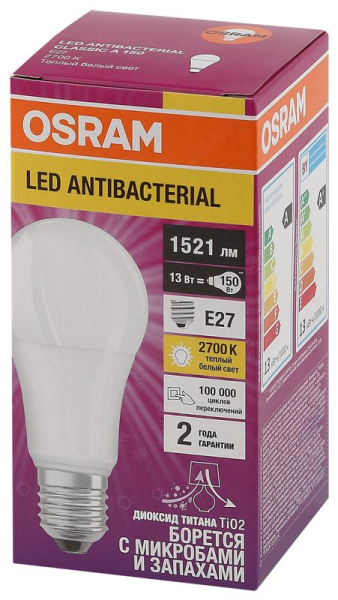 Лампа светодиодная LED Antibacterial A 13Вт (замена 150Вт) матовая 2700К тепл. бел. E27 1521лм угол пучка 200град. 220-240В бактерицид. покр. OSRAM 4058075561175