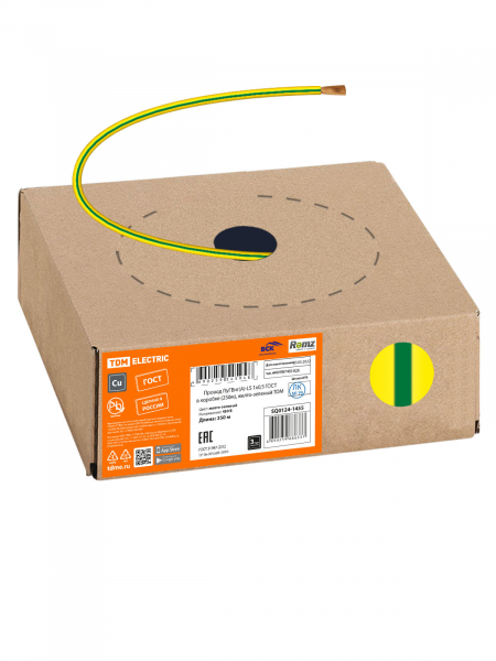 Провод ПуГВнг(А)-LS 1х0,5 ГОСТ в коробке (250м), желто-зеленый TDM