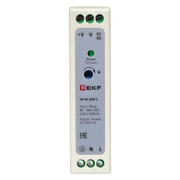 Блок питания на DIN рейку 20Вт Uвх 220В AC m Uвых - 5В DC постоянного тока EKF DR-M-20W-5