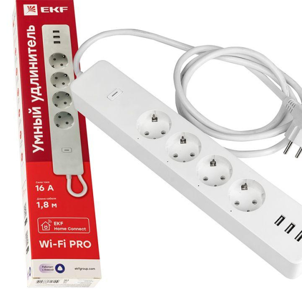 Удлинитель умный 4х1.8м 16А IP20 Connect PRO Wi-Fi 3хUSB с выкл. с управлением по Wi-Fi PRO PROxima EKF RCE-2-WF