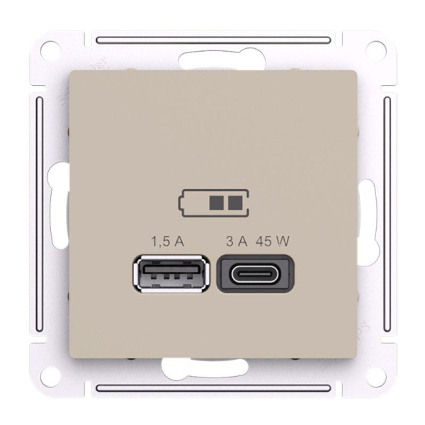 Розетка USB AtlasDesign тип A+C 45Вт высокоскор. ЗУ QC PD механизм песочн. SE ATN001229