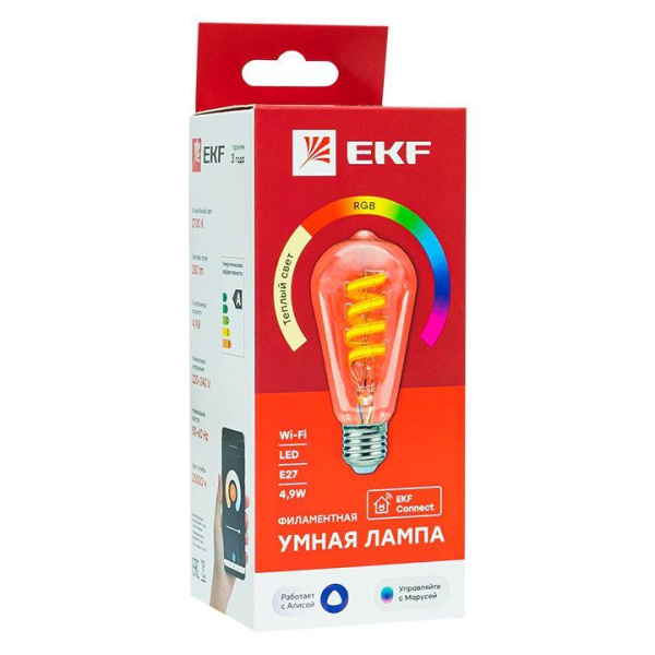 Лампа филаментная RGB E27 ST64 Умная EKF slwf-e27-st64-fil-rgbw
