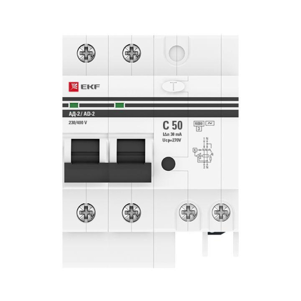 Выключатель автоматический дифференциального тока C 50А  30мА тип AC 6кА АД-2 (электрон.) защита 270В PROxima EKF DA2-6-50-30-pro