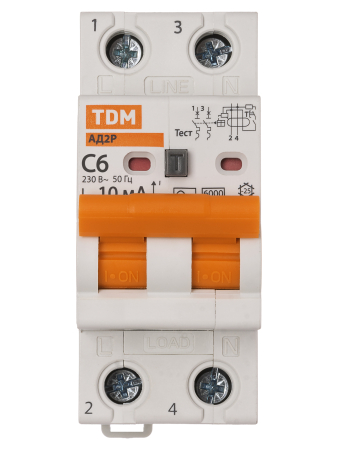 Диф.автомат АД2P 2Р С6 10мА 6кА тип АС TDM