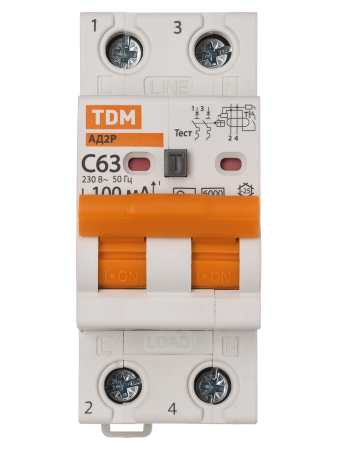 Диф.автомат АД2P 2Р С63 100мА 6кА тип АС TDM